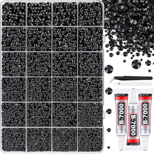 32000Pcs Black Rhinestones for Bedazzling Flatback Resin Gems Crystal Bedazzler Kit with 3Pcs 10ml B7000 Jewelry Glue and Tweezers for Makeup Crafting Nail Art