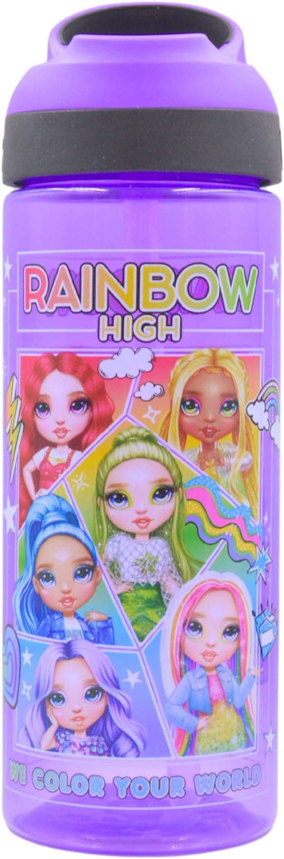 HOX RAINBOW HIGH Reusable BPA free Kids Atlantic Water Hydration Bottle with built in Carry Loop, Flip Up Spout and removeable straw - 600ml