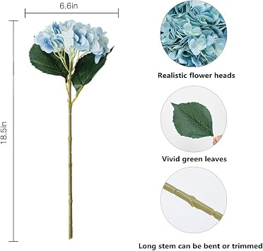Artificial Blue Hydrangea Flowers, 5Pcs Realistic Silk Single Long Stem