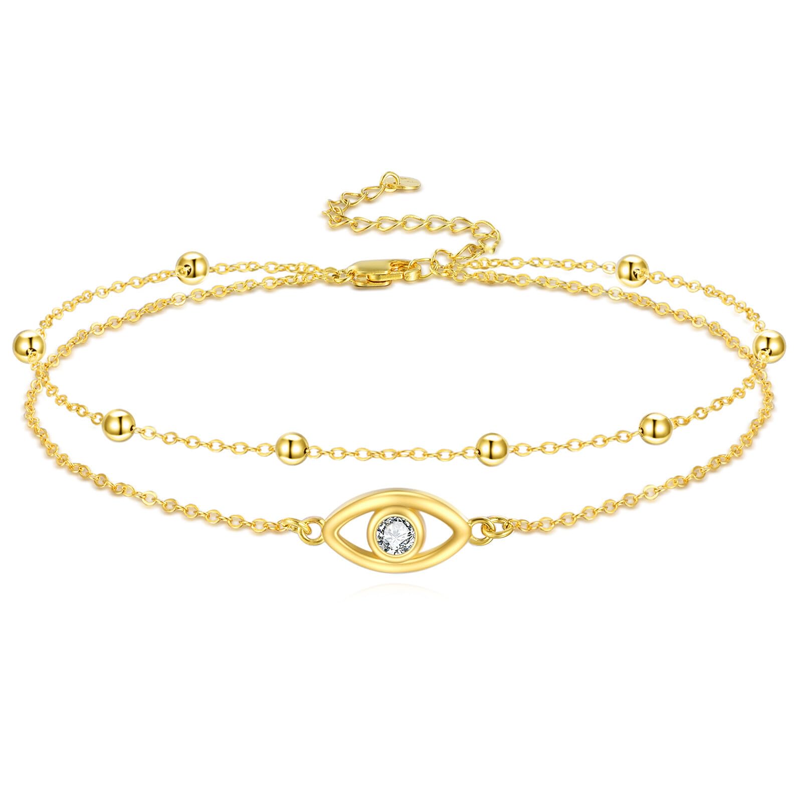 POPLYKE 925 Sterling Silver Double Layered Chain Evil Eye Daisy Sunflower Butterfly Anklets for Women Holiday Beach Crystal Ankle Bracelet Dainty Evil Eye Jewelry
