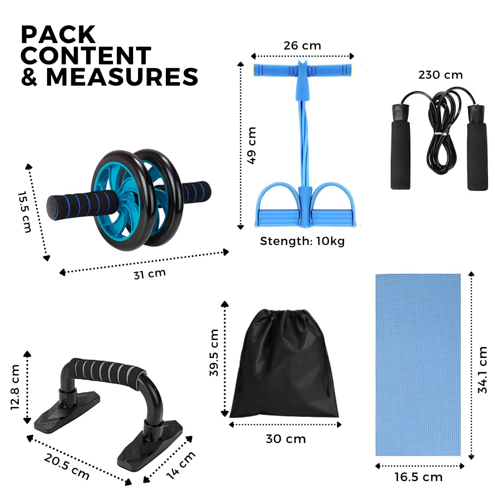 Kit allenamento con rullo addominali, corda elastica di resistenza con pedali e tappetino per ginocchia, set fitness 5 in 1 esercizi in casa e palestra. K4706
