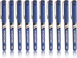 Hi-Tecpoint V5 0.5mm Extra Fine Point Pure Liquid Ink Roller Ball Pen | Blue Ink, Pack Of 10