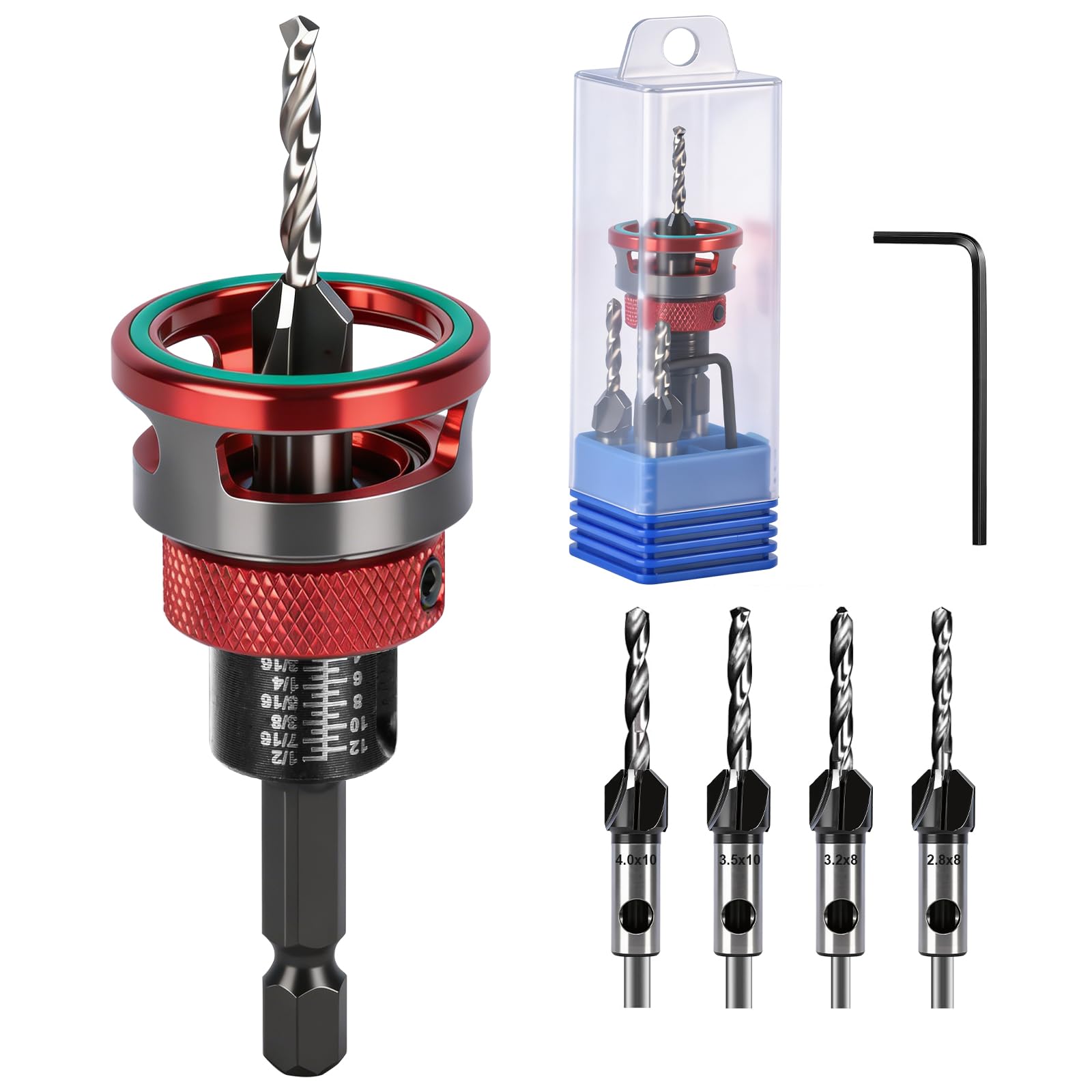 Juego de 4 brocas avellanadas para madera con tope de profundidad, avellanador para madera con vástago hexagonal de 1/4 pulgadas, de HSS-M2, perforaciones precisas, para trabajos en madera