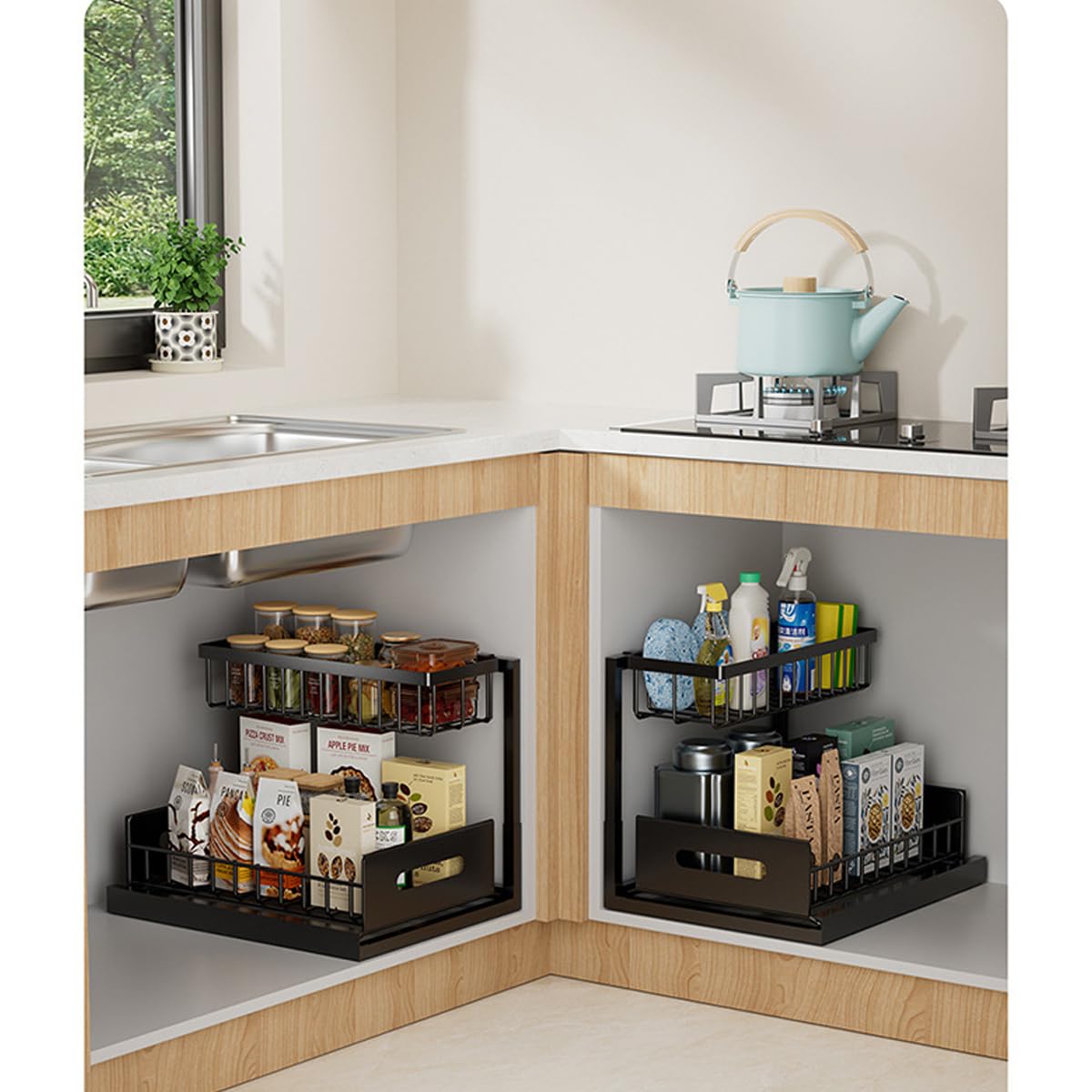 AIYoo Black Under Sink Organizer, Pull Out Cabinet Storage Organizers 2 Tier Slide Out Sink Shelf Cabinet Storage Shelves, Storage for Kitchen Bathroom