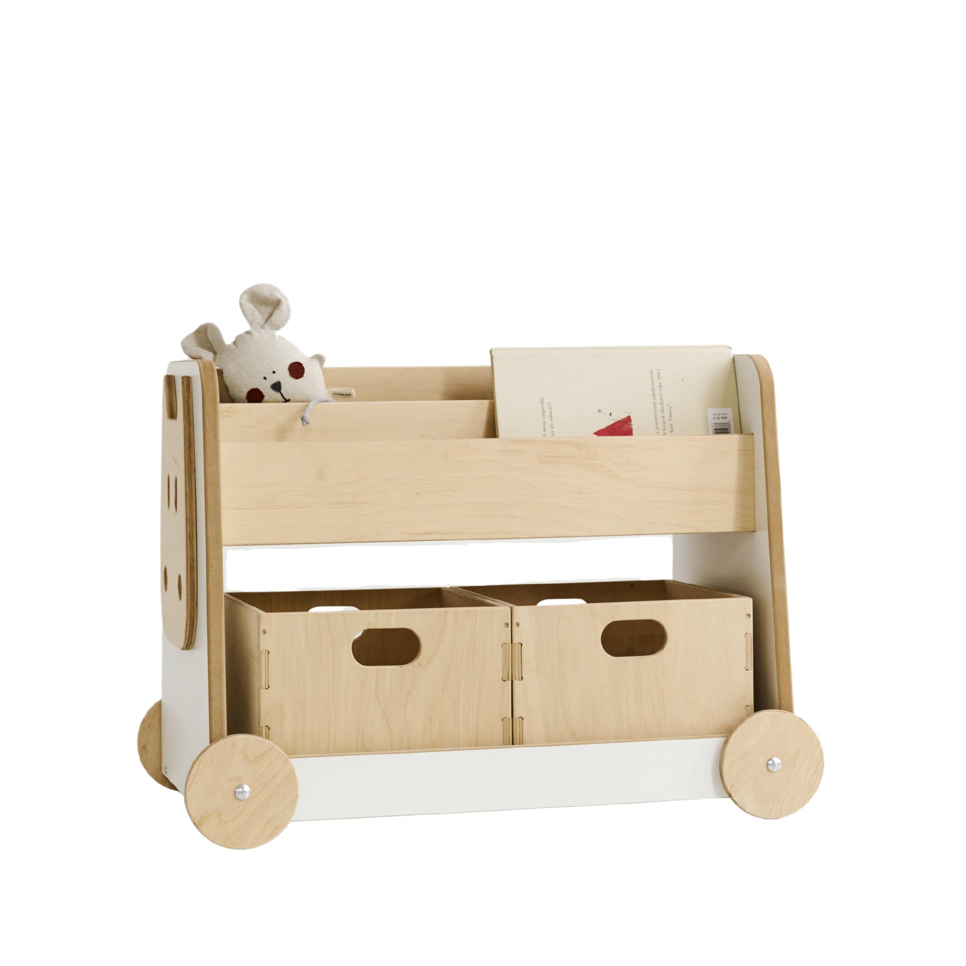 Babywood Holzbuchregal auf Rädern | sicheres Buchregal für Kinder | Kinderregal mit 2 Spielzeugkisten | Montessori-Buchregal | Lagerbuchregal | Bücherregal mit Zwei Holzspielzeugkisten