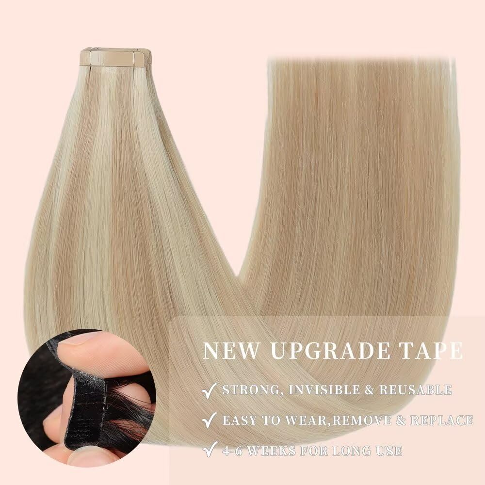 YDDM Extensiones adhesivas de pelo real, 20 unidades, 35 cm, 40 g, rubio ceniza con rubio blanqueador, rubio oscuro, extensiones de pelo rubio oscuro, extensiones de pelo de color rubio oscuro (14 — view 4