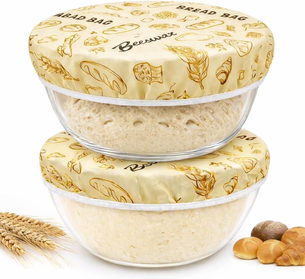 Reusable Beeswax Bowl Covers for Bread Proofing (2 Pack), Elastic Cotton Cloth Food Cover, 9 in Beeswax Bowl Covers for Salad Cover, Sourdough bowl cover & Mixing Containers