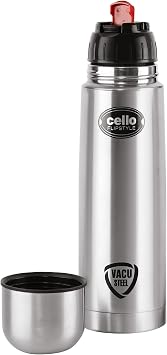 Cello Flipstyle Stainless Steel Vacuum Insulated Flask with Flip Lid | Leak Proof | Double Walled Silver Bottle for Home, Office, Travel 34oz, Silver