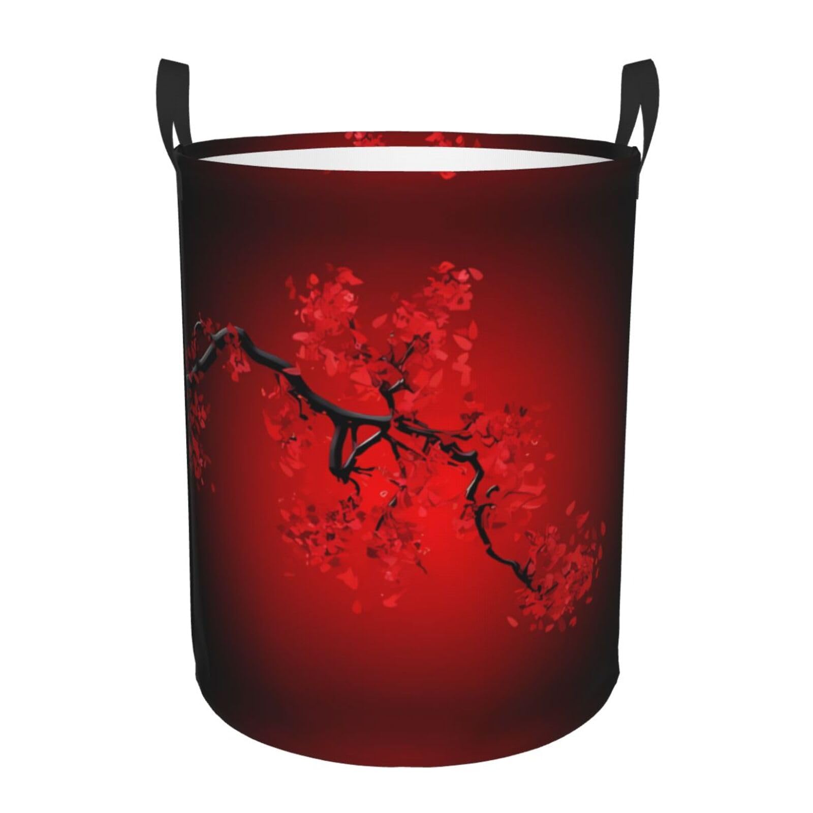 M Collapsible Red Cherry Blossom Print Circular Hamper Round