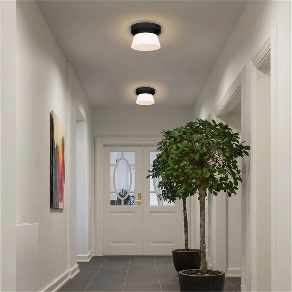 BOWERY HILL Modern Aluminum LED Outdoor Flush Mount, 7-inch Black Finish, Etched White Opal Glass, Energy-Efficient Dimmable Light, Wet Location Rated, Ideal for Porch or Exterior Use