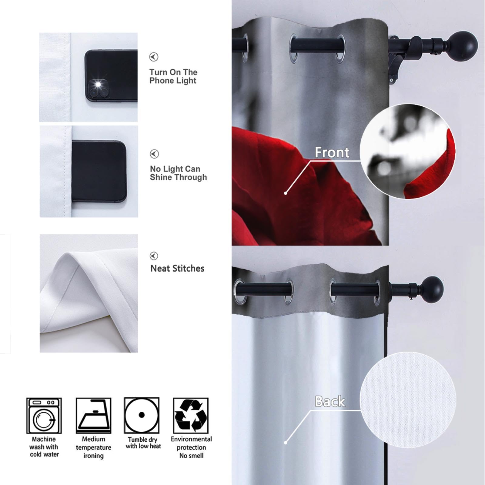 Graue und Schwarze Verdunkelungsvorhänge Rote Rose Verdunkelnde Ösenvorhänge für Wohnzimmer Schlafzimmer Wärmeisolierte Vorhänge Geräuschdämpfende Vorhänge 2xW140xL145cm