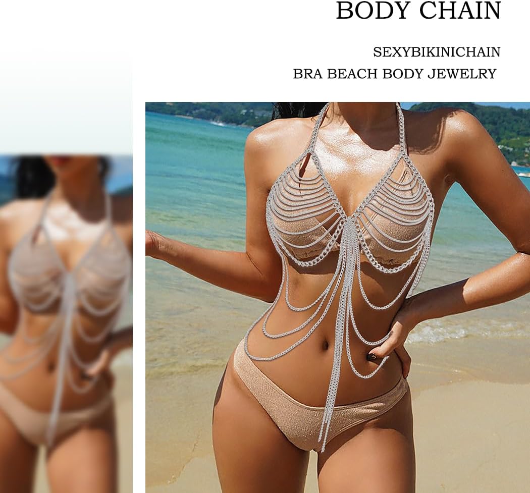 Tassel Body Chain Sexy Bikini Chains Silver Body Jewelry Bra Chain Beach Accessories Rave Nightclub Party Accessory