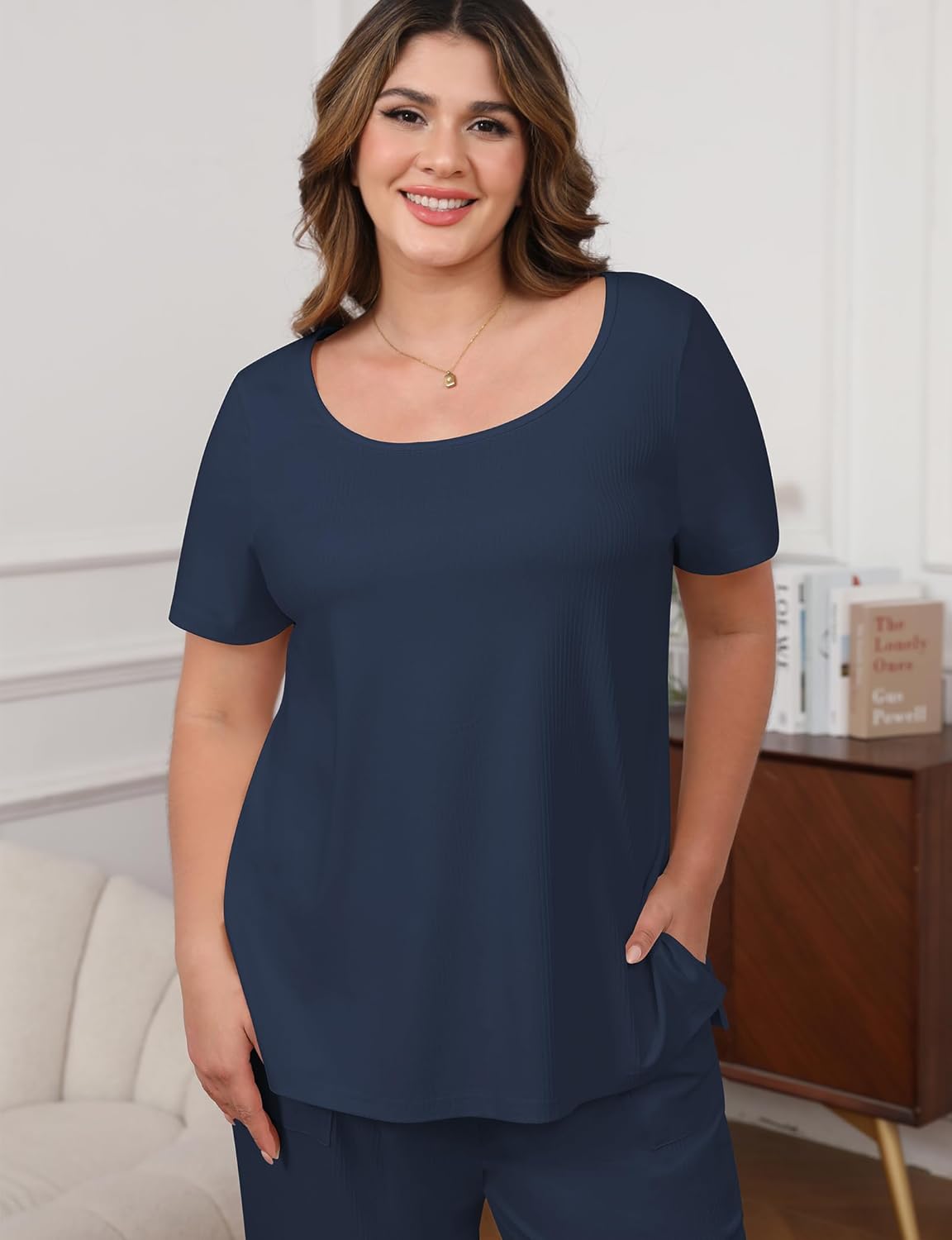 Women’s Plus Size 2 Piece Pajamas Lounge Sets Summer Outfits Short Sleeve Tops Wide Leg Pants with Pockets - Image 2