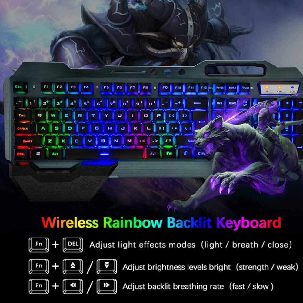 Teclado y ratón inalámbricos para juegos,ratón recargable con retroiluminación arco iris con panel de metal de batería de 3800 mAh, teclado mecánico extraíble y ratón de silencio para juegos