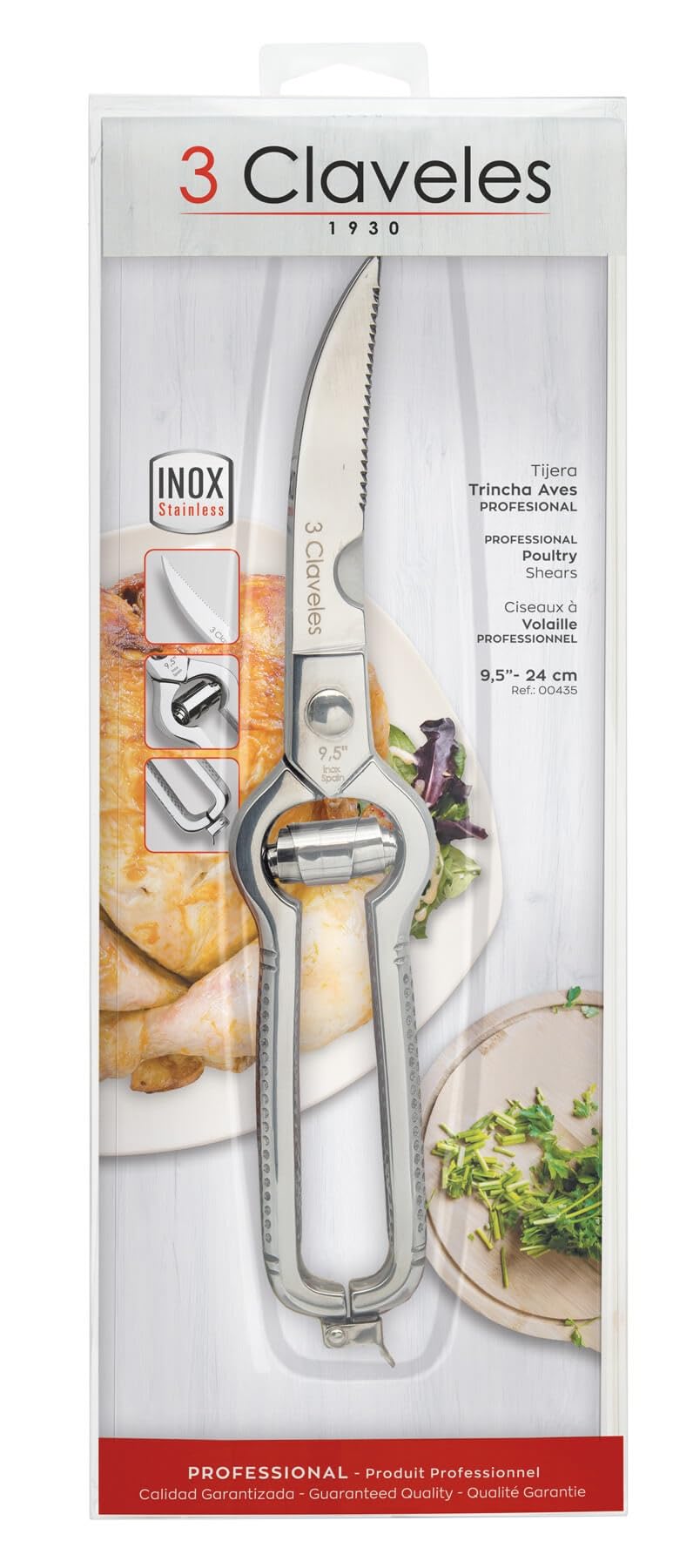 3Claveles 435 - Tijera trincha aves profesional de 9.5 pulgadas, inox, con cierre de seguridad