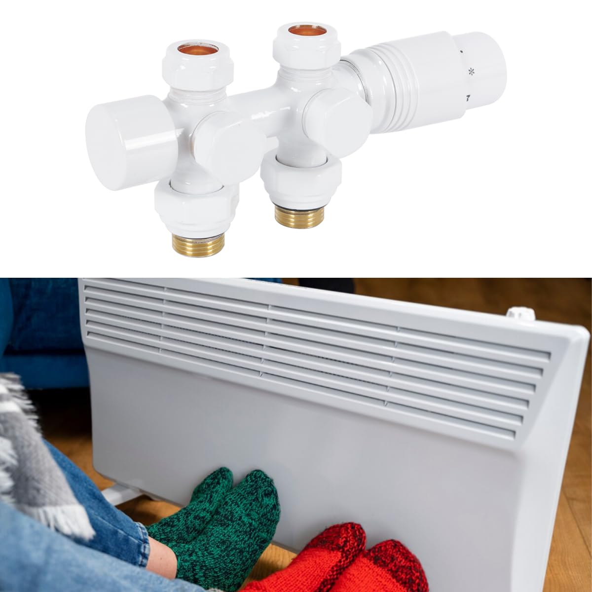 Multiblock z termostatem do grzejników, rozstaw piast 50 mm, zawór grzejnikowy mosiężny chromowany z głowicą termostatyczną (biały)