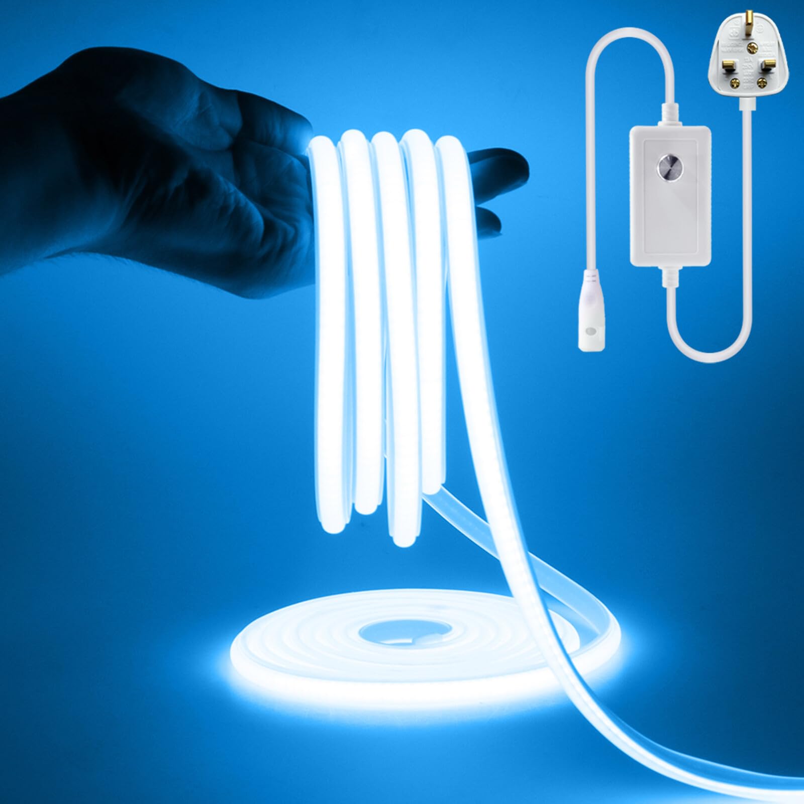 KAFULA 220V dimmable COB LED Light Strip, IP65 Waterproof Flexible, 288 LEDs/m Super Bright FCOB LED neon Light CRI90+, can be Cut Every 50 cm, Home Decoration [13m, ice Blue]
