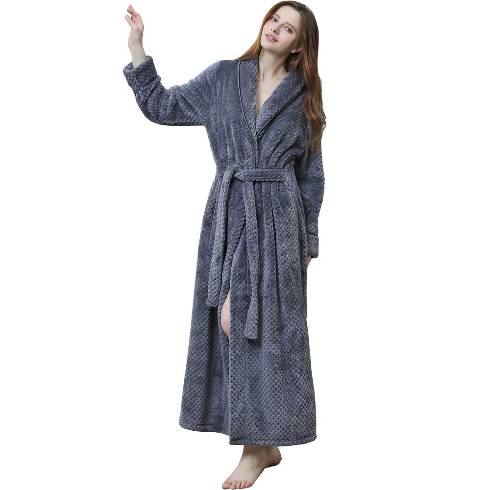 Women Full Length Dressing Gown Long Flannel Spa Bathrobe Morning Gown Sleepwear Grey