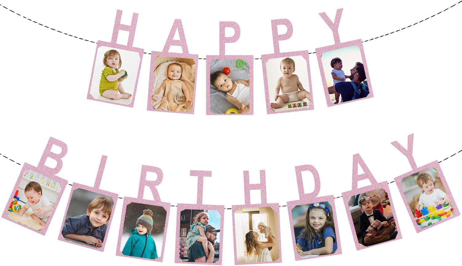 Geburtstag Girlande, Fotogirlande zum Geburtstag Happy Birthday, Hängende Foto Wanddekoration für Party Dekor Mädchen/Jungen, Happy Birthday Banner (Rosa)