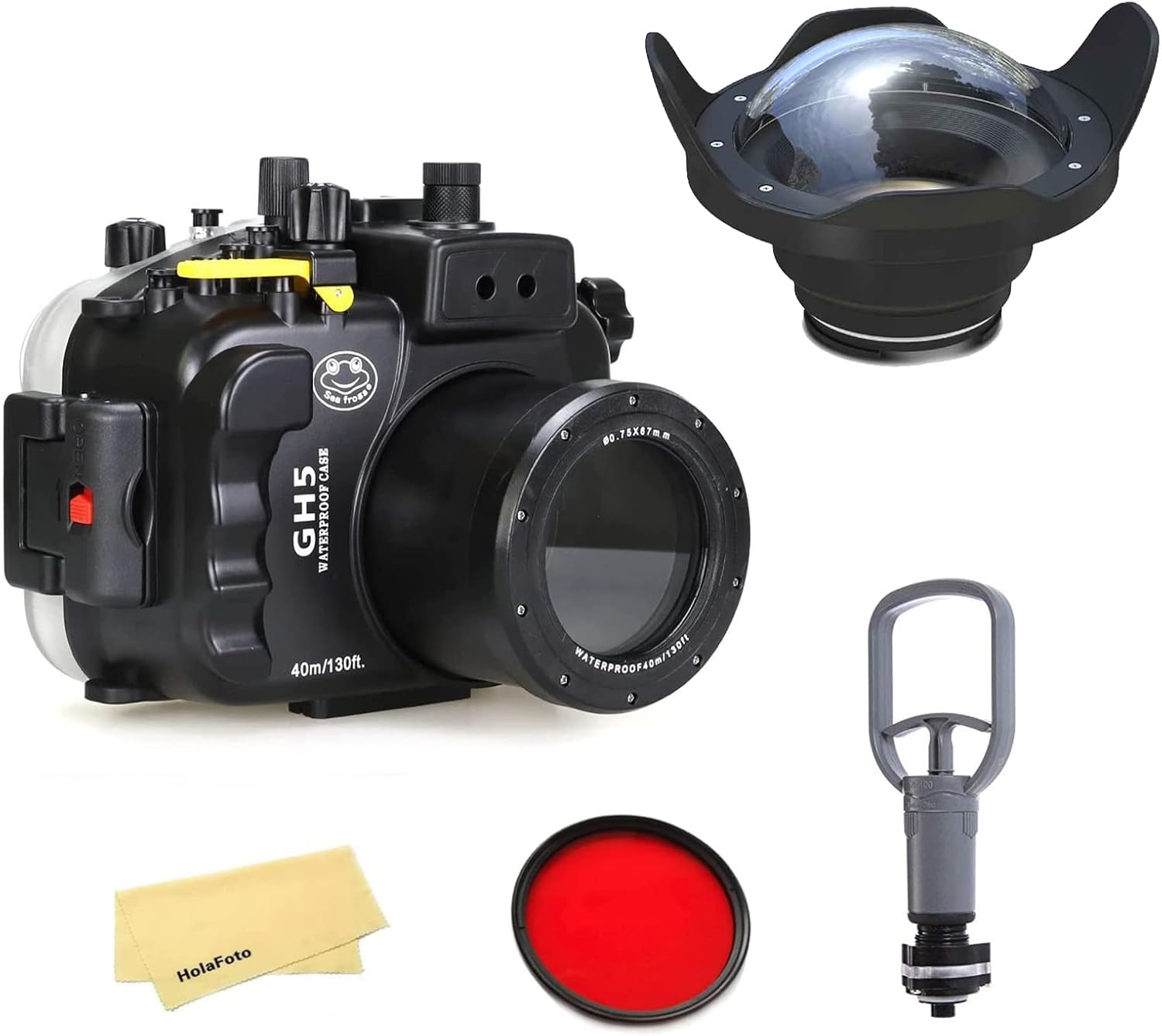 SeaFrogs Waterproof Housing Waterproof Case w/Vacuum Pump VPS-100 & 6 inch Wide Angle Dome Port Kit for Panasonic for Panasonic GH5 /GH5S/ GH5 II w/ 67mm Red Filter