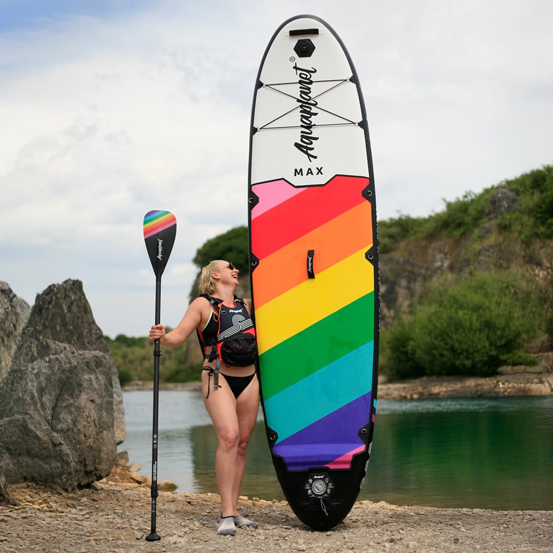 AQUAPLANET MAX SUP nadmuchiwana deska do wiosłowania | 15 cm grubości | 25 cm długości | regulowane wiosło | plecak do noszenia | podwójna pompka | Smycz bezpieczeństwa kostki | Wodoodporna sucha torba (tęcza)
