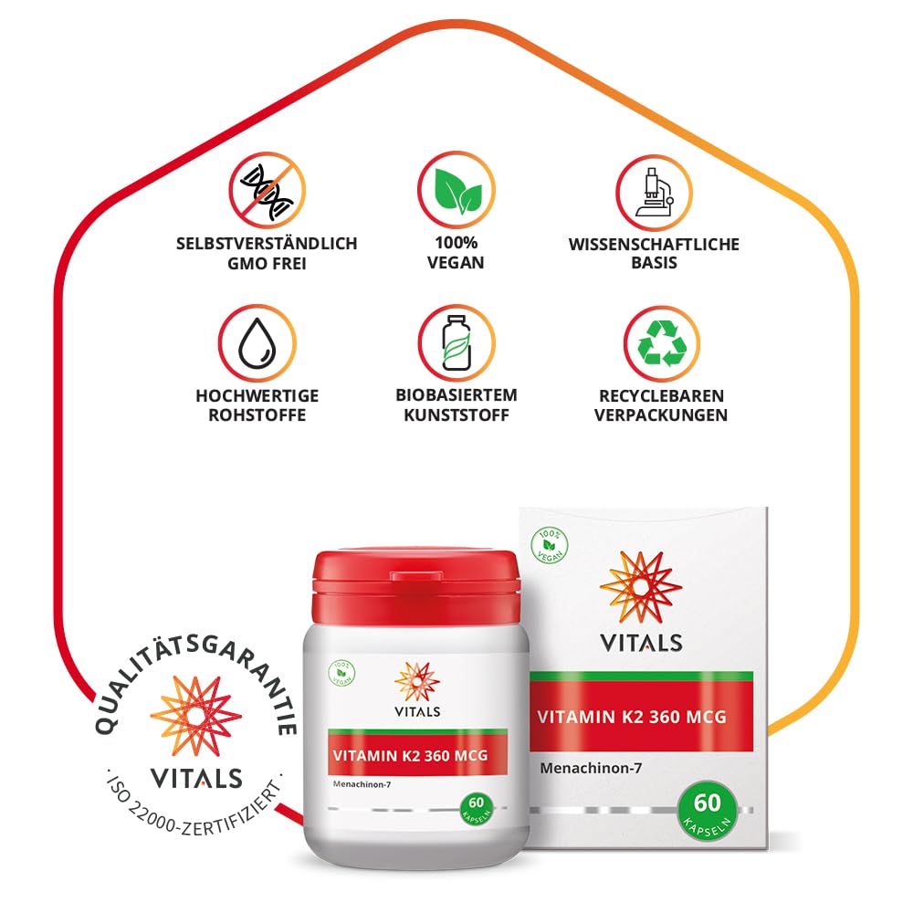 Vitals - Vitamin K2 360 mcg 60 Kapseln. Höhere Dosierung von Vitamin K2 in der überlegenen Form von Menachinon-7 (MK-7).