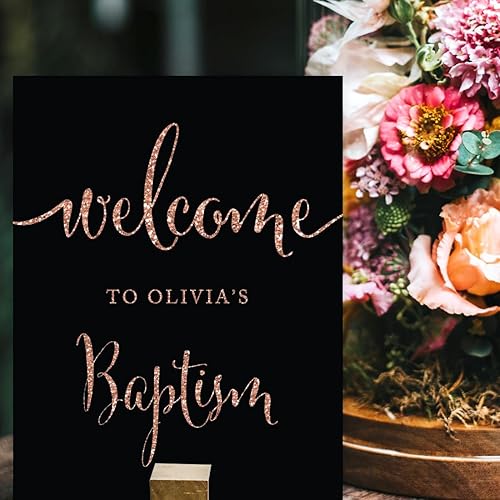Miniatura 2 de Andaz Press - Letreros personalizados para fiesta de bautismo, color dorado rosa con purpurina en negro, 8.3 x 11.0 in, bienvenido al bautismo de