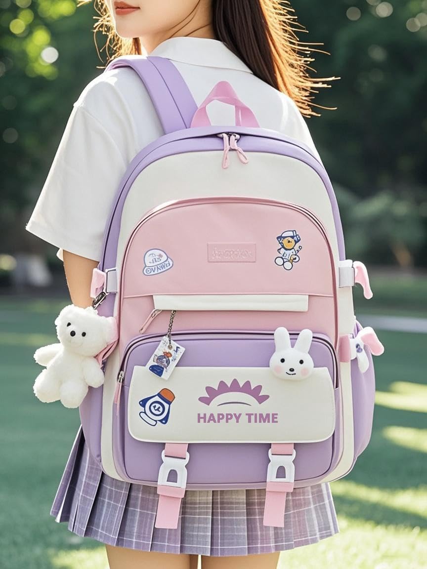 3pcs Girls Backpack, Kawaii School Backpack For Kids Children With Lunch Bag and Pencil Case (rabbit-pink)