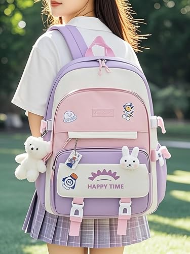 Miniatura 5 de Mochila escolar Kawaii para niños con bolsa de almuerzo y estuche para lápices de 3 uds, Rabbit-rosa, Grande, Arco iris
