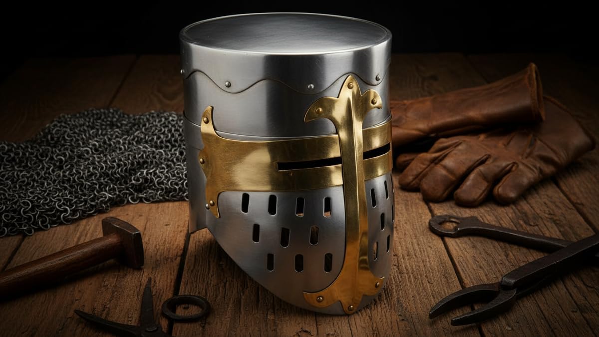 Knights Templar Crusader Helmet Medieval Armor Silver Adult Size Rustic Vintage Home Decor Gifts