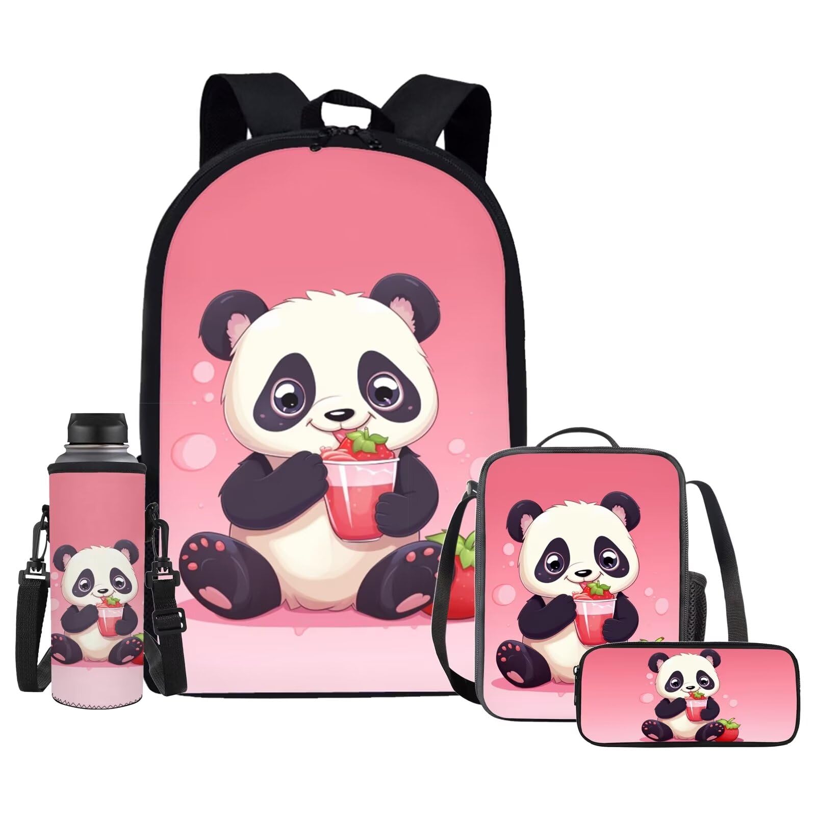 Upetstory 4-in-1 Adorable Panda Backpack for Kids Girls Boys School Bag with Lunch Box Pencil Purse Water Bottle Sleeve Children Back Pack Student Preschool Bookbag Primary Rucksack Daypack