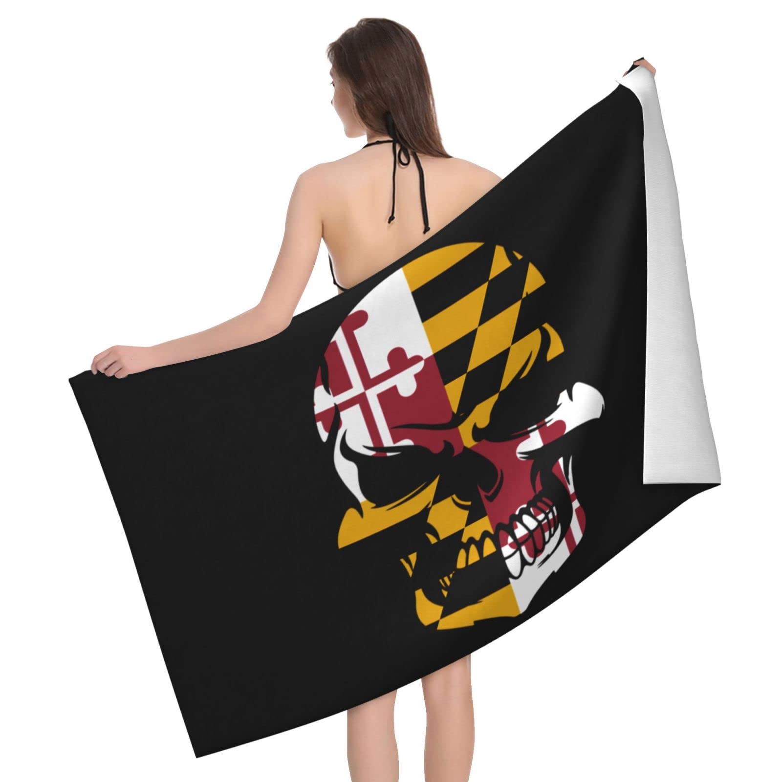 Lawenp Maryland Flag Skull Beach Towel, Lightweight Sand Free Quick Dry Microfiber Absorbent Bath Towel for Kids, Adults, Swimming, Bath, Yoga, Pool, Travel, Camping 32"X52"