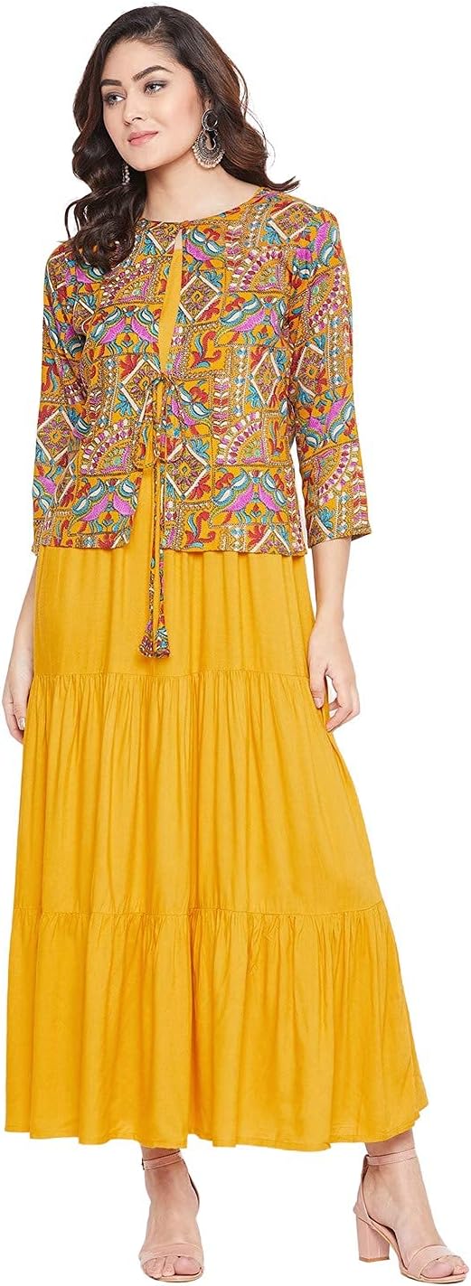 Casual Wear Fit and Flare Reyon Maxi-Dress for Women Floral Printed Summer A-Line Dresses with Jacket for Women's