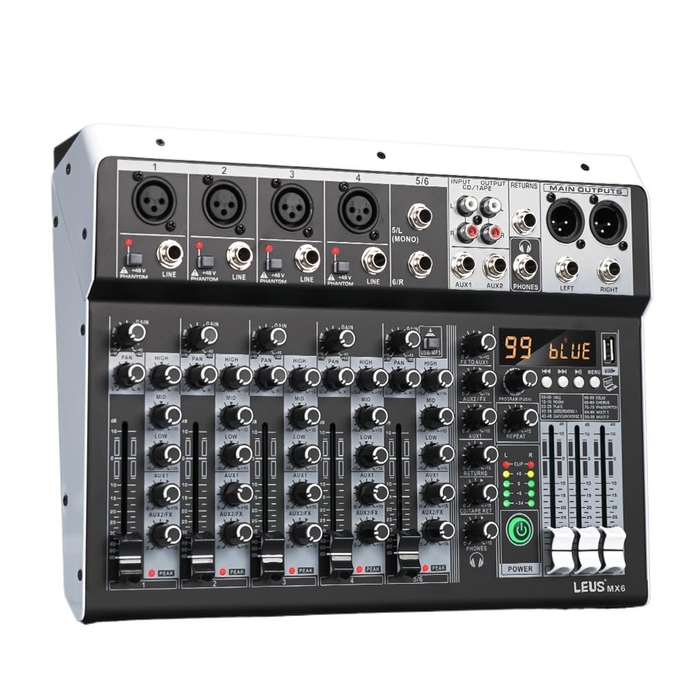 Mikser DJ-ski, MX6 Kanał 99 DSP Mikser efektów Nagrywanie PC 48V Phantom Power USB Miksery dźwięku Bluetooth DJ Konsola Miksowanie