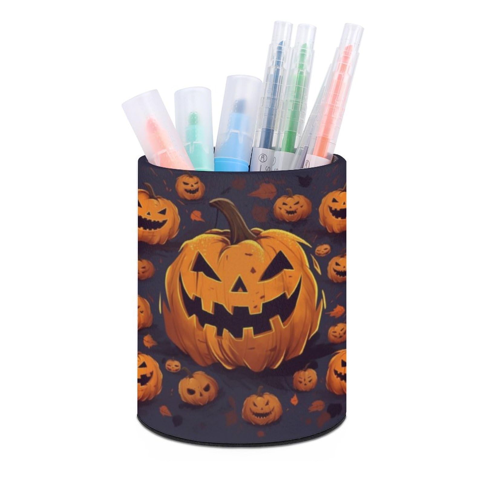 JTREHY Round Pen Holder,Halloween Pumpkin Printed Makeup Brush Storage Box Desktop Stationery Storage Cup Office Accessories Storage Box Pencil Storage Box for Home Office Dressing Table