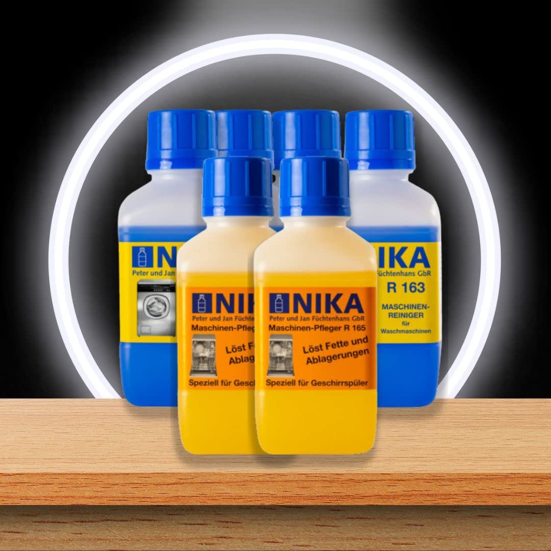 NIKA Cleaner Sparset für 12 Monate - 4x R163 + 2x R165 - Profi Maschinenreiniger und Maschinenpfleger - für Waschmaschine und Spülmaschine - Privat und Gewerbe - je 500ml