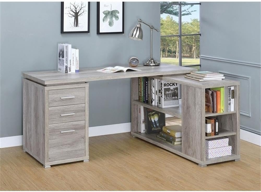 Pemberly Row L-Shaped Corner Storage Desk, 60"W x 47.25"D x 29.5"H, Grey Driftwood Finish, Engineered Wood, 5 Shelves, 3 Drawers, Built-In File Cabinet for Letter/Legal Files, Reversible Home Office