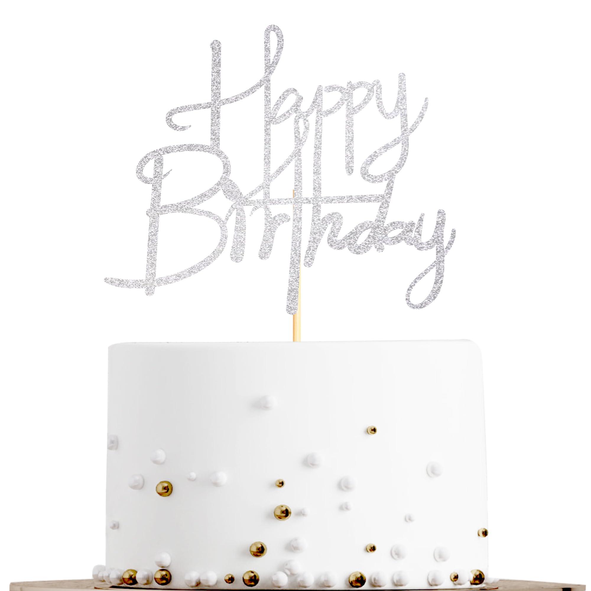 Sotpot Silver Glitter Happy Birthday Cake Topper, 1 Pc, 6.4 x 8.3 Inch, Suitable for Birthday Parties