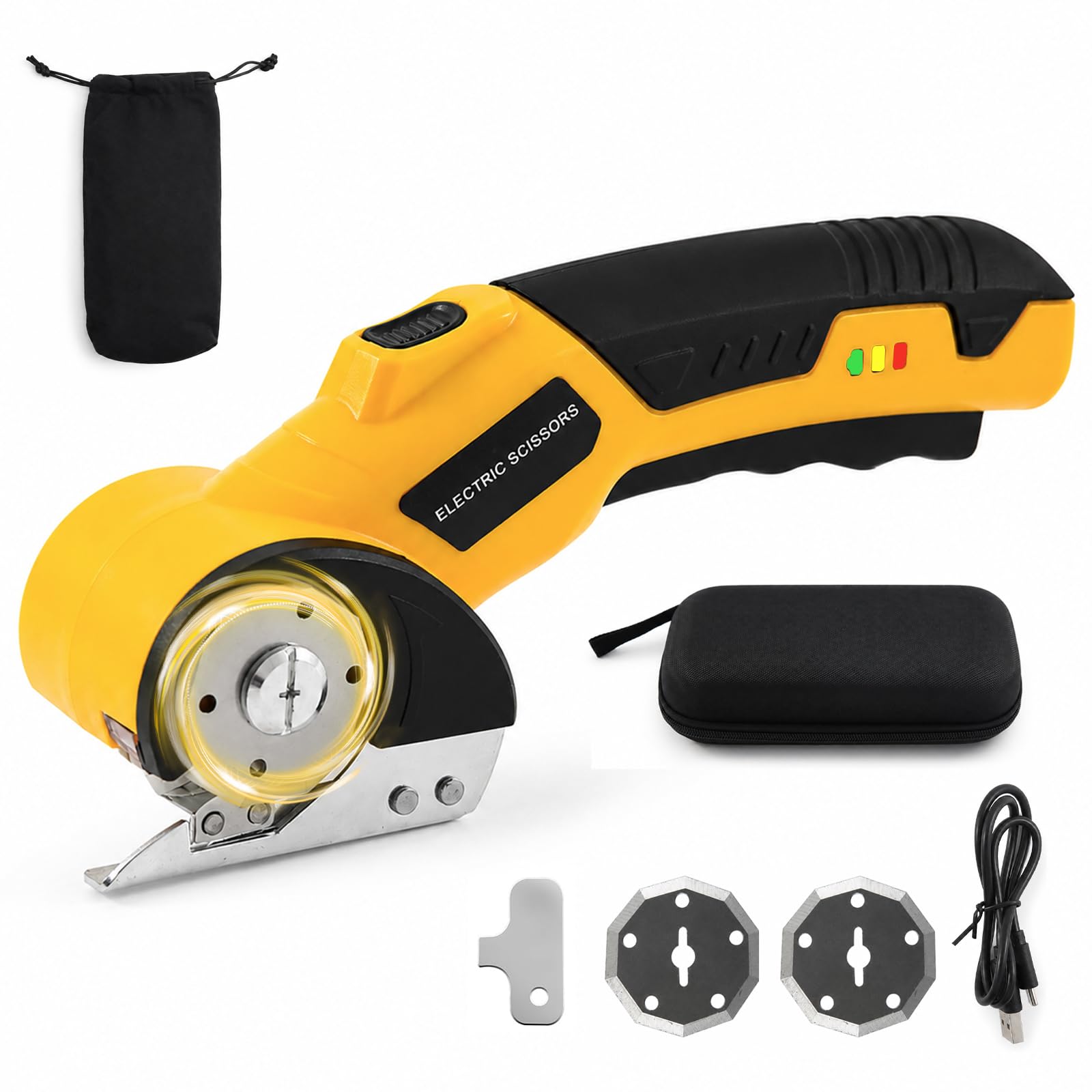 Cordless Electric Scissors, Rechargeable Electric Box Cutter with 2 Blades, High-Precision Rotary Cardboard Cutter with Safety Lock and LED Light for Cardboard, Fabric, Leather, Carpet (Yellow)