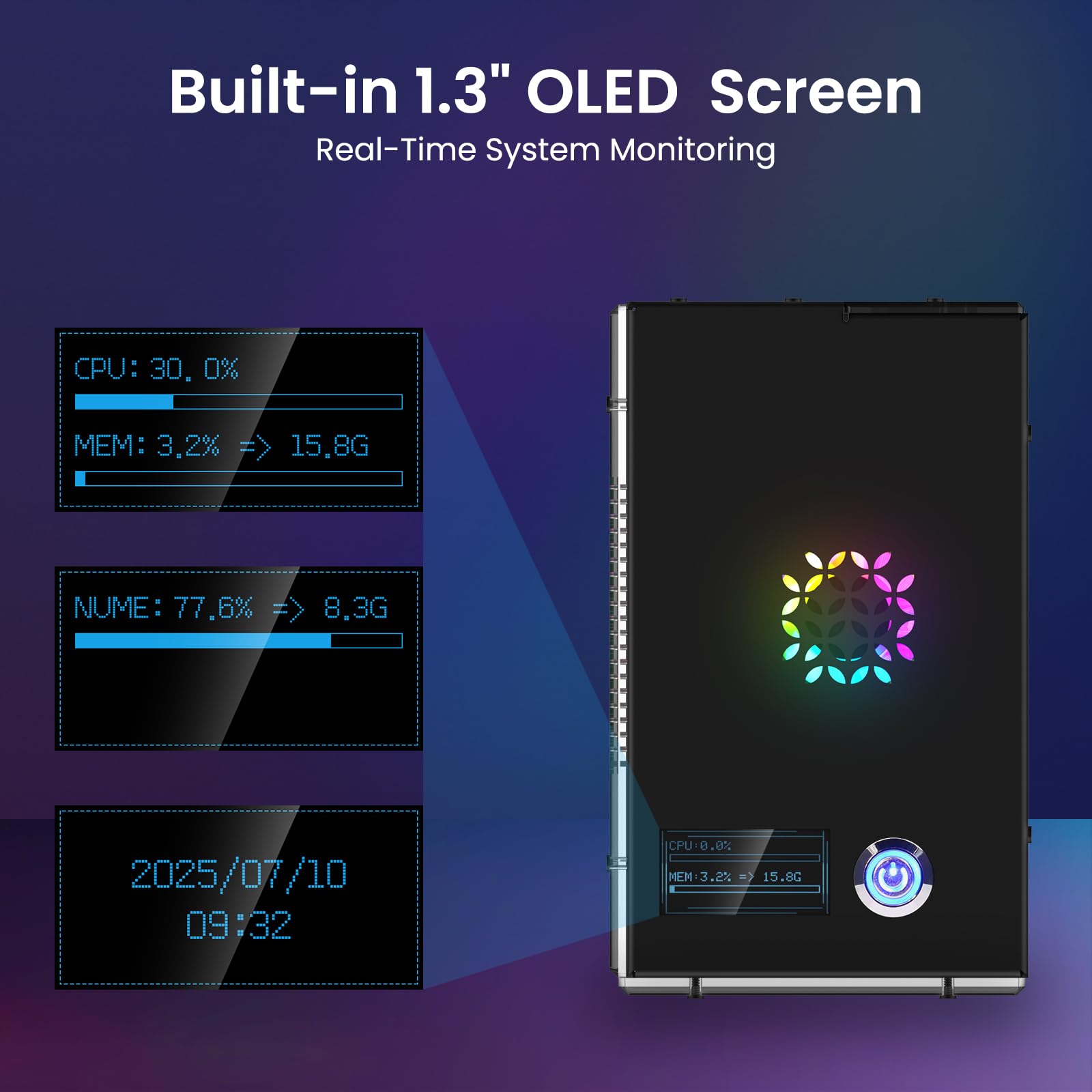ELECROW Obudowa Mini PC dla Raspberry Pi 5: Obudowa aluminiowa z 3 wentylatorami chłodzącymi, 1,3" wyświetlacz OLED, obsługa PCIe M.2 NVMe SSD 2230/2242/2260/2280, RTC, pełny dostęp do portów