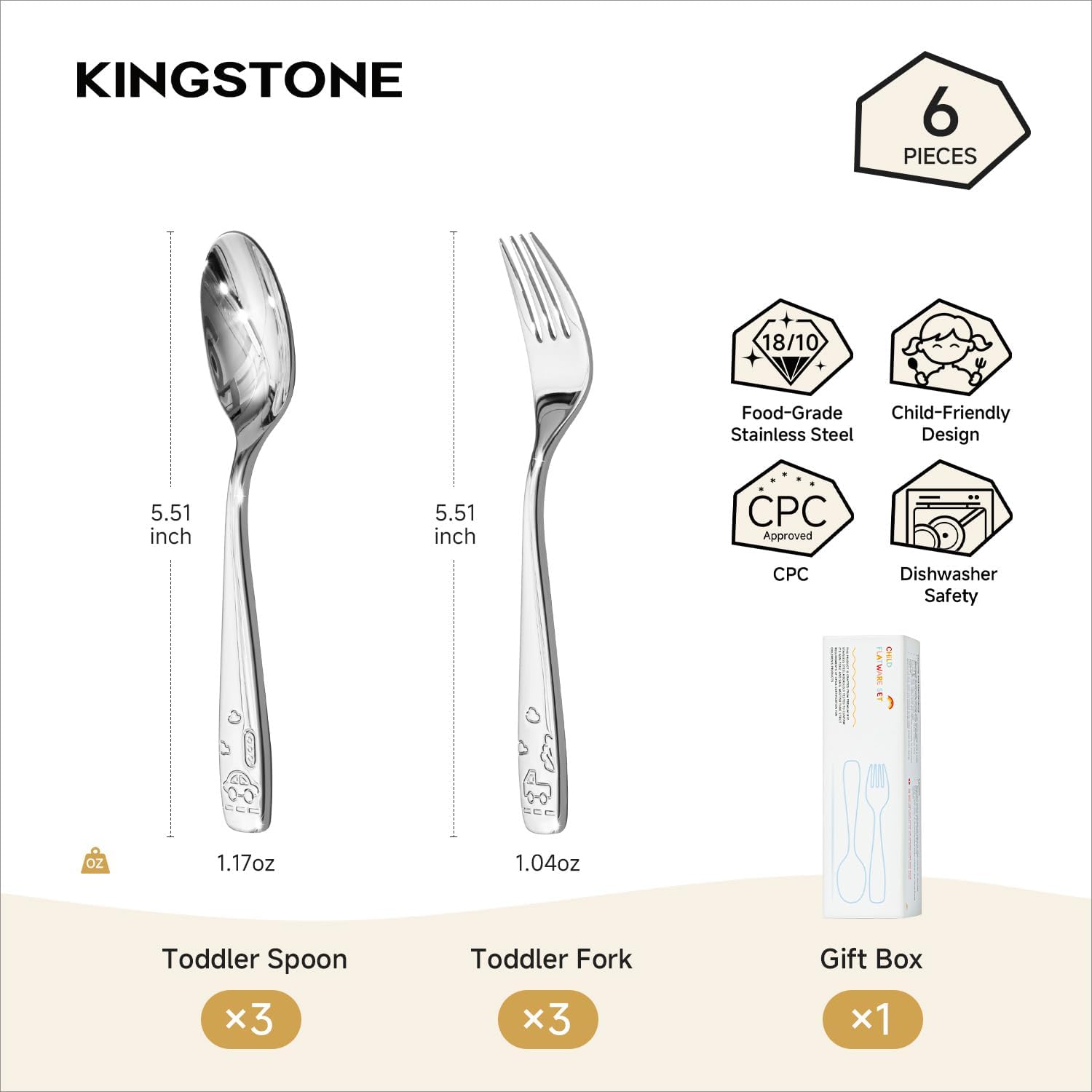 KINGSTONE 6 Pieces Toddler Utensils Set, 18/10 Stainless Steel Kids Silverware, 3 Forks & 3 Spoons, Food-Grade, Cute Car Design, Dishwasher Safe for Children Self-Feeding