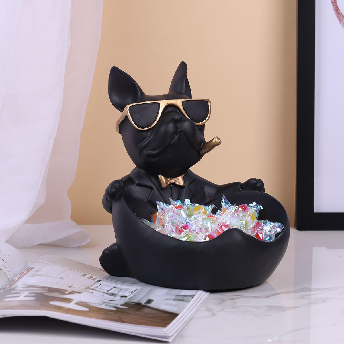 Statua di bulldog francese nera, ciotola per caramelle e portachiavi, vassoio portaoggetti per gioielli, ideale per arredamento moderno per casa, ufficio, ingresso, organizer da scrivania funzionale e