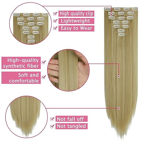 Miniatura 4 de OMGREAT 4 extensiones de cabello sintético ondulado con clip, 4 extensiones de cabello con clip, color marrón degradado a rubio ceniza