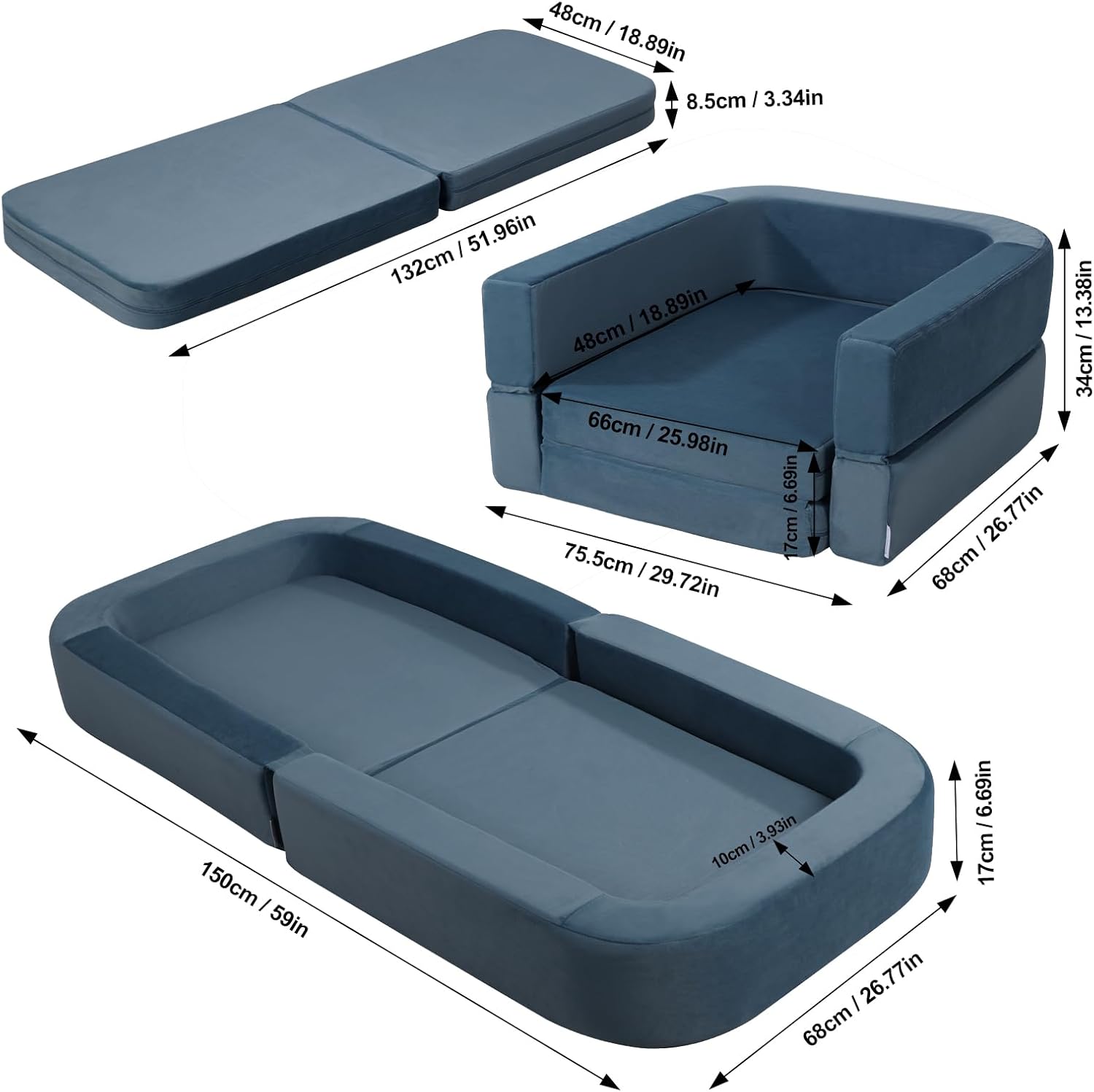 Toddler Travel Bed,3-in-1 Convertible Sofa Bed for Kids,Travel Bed for Kids,High-Density Foam and Washable Cover,Comfy Toddler Cot for Boys &Girls Playing and Rest (Blue)