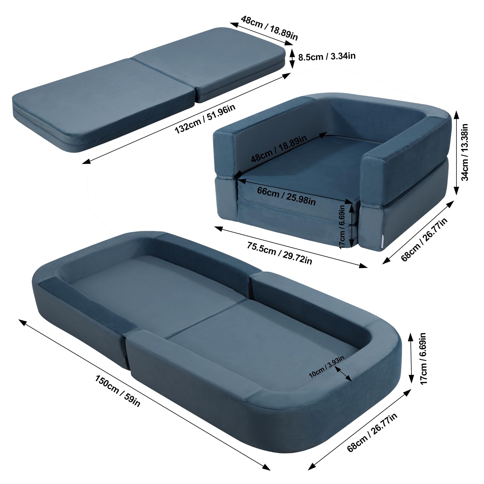 Yoonnie room Toddler Travel Bed,3-in-1 Convertible Sofa Bed for Kids Floor Bed,Travel Bed for Kids,High-Density Foam and Washable Cover,Comfy Toddler Cot for Boys &Girls Playing and Rest (Blue)