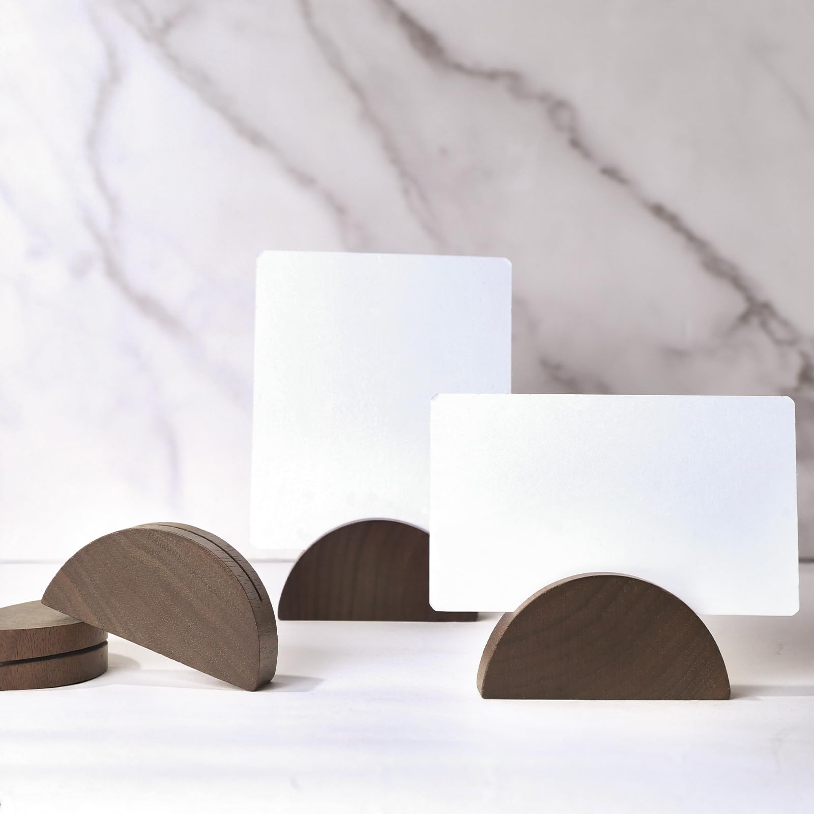 Photo 1 of UNIQOOO 10 Set 2" Arch Walnut Wood Stand with Cards |1.2mm Slot, for Name Cards, Solid Wood Place Card Holder, Photo Display Stand | for Event Decor, Retail Shop, Cafe Restaurant Menu, Business Card, Name Tag