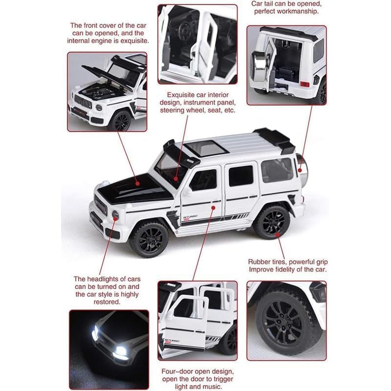 Image of 1:32 Alloy Model Car Compatible for G-Class SUV Style | Die-Cast Metal Pull Back Toy Car with Light & Sound, Openable Doors | Collectible & Gift Toy Vehicle for Kids Boys Girls (White)