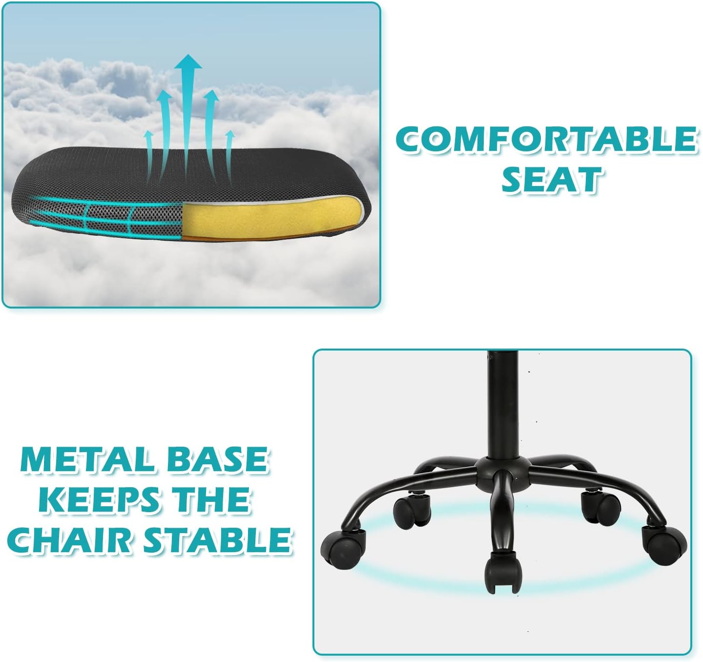 Home Office Chairs Small Desk Ergonomic Armless Computer Comfy Chairs with Wheels Task Office Kids Desk Stool Sewing Chair No Arms Swivel Rolling Chair for Teens Adults, Black