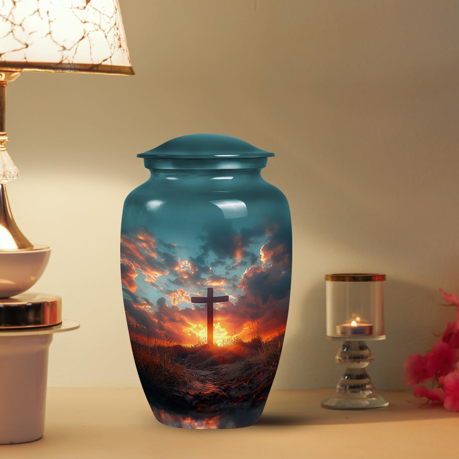 Cross with Sunset Urn for Adult Ashes Male & Female - Burial Urns for Adult Human Ashes - urns for Human ash - Funeral Urn ash Container - (Size - 10inch)