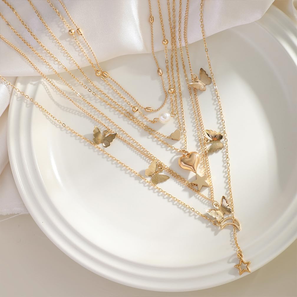 Long Layered Gold Butterfly Statement Necklace Set for Women Trendy Disc Heart Moon Party Favors Choker Necklaces Fashion Pearl Pendant Jewelry Gifts - Image 5